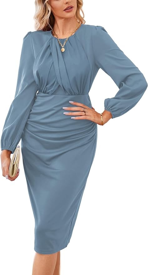 GRACE KARIN Women's Ruched Bodycon Dress Mesh Long Sleeve Front Drape Patchwork Crew Neck Midi Cocktail Dress