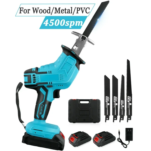 HUKOER Cordless Saw Reciprocate Saw 21V Metal PVC Wood Cutting Tools with 2 Battery 4 Saw Blades,Blue