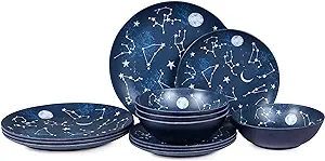Gofunfun 12 Piece Melamine Dinnerware Sets for 4 - Starry Pattern Camping Dishes Set for Indoor and Outdoor Use, Dishwasher Safe Plates and Bowls Sets, Dark Blue