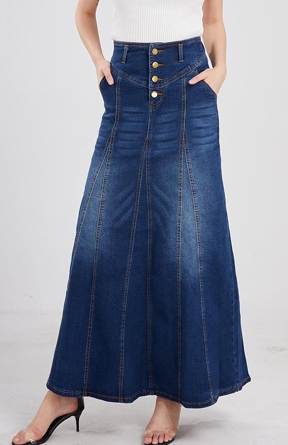 CHARTOU Women's Retro Exposure Button-Fly Packaged Hip A-Line Maxi Long Denim Skirt