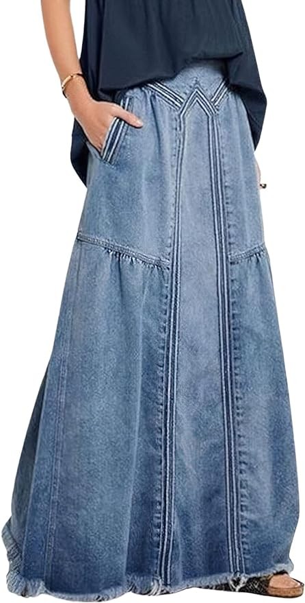 CHARTOU Women's Retro Elastic High Waist Frayed A-Line Maxi Denim Skirt with Pockets
