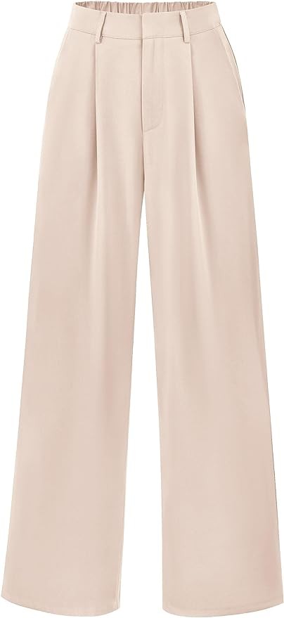 KIRUNDO Women's Elastic High Waisted Wide Leg Dress Pants Loose Fit Pleated Front Business Casual Work Pants Trousers