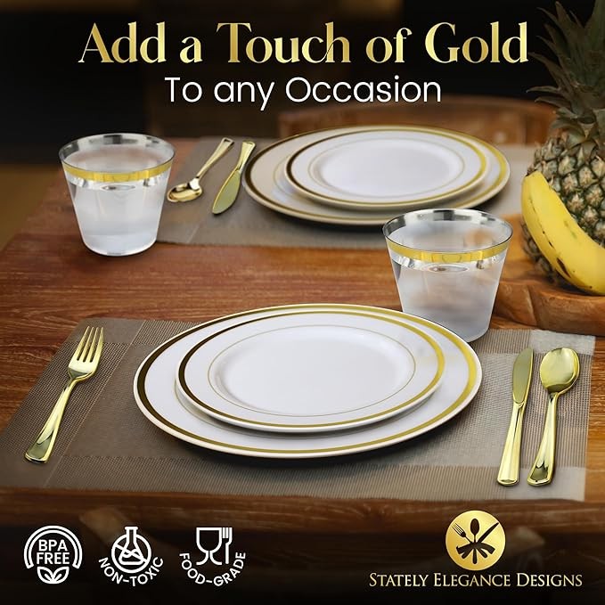 600 Piece Gold Dinnerware Set – 200 White and Gold Plates – Set of 300 Gold Plastic Silverware – 100 Plastic Cups – Disposable Gold Dinnerware Set for Party - 100 Guests