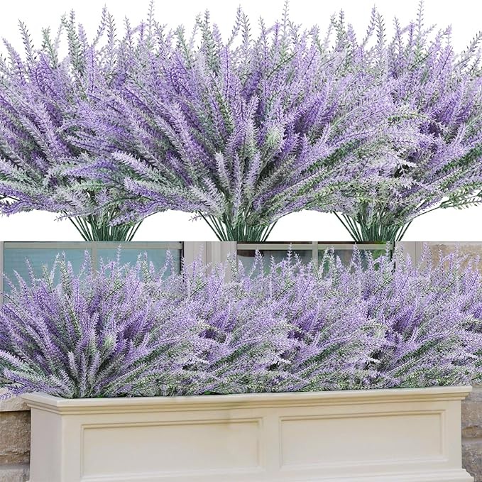 obbsie 30 Bundles Artificial Lavender Outdoor, 14.5" UV Resistant Faux Plants Outdoor Greenery Stems No Fade Plastic Fake Flowers for Outdoor Window Garden Office Patio Porch Decor