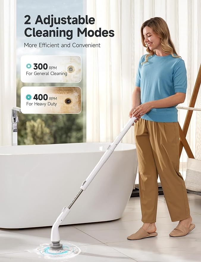 HiCOZY Electric Spin Scrubber HS1, Cordless Shower Scrubber for Cleaning with 4 Replaceable Brush Heads Adjustable Extension Handle, IPX7 Waterproof Cleaning Brush for Bathroom Floor White