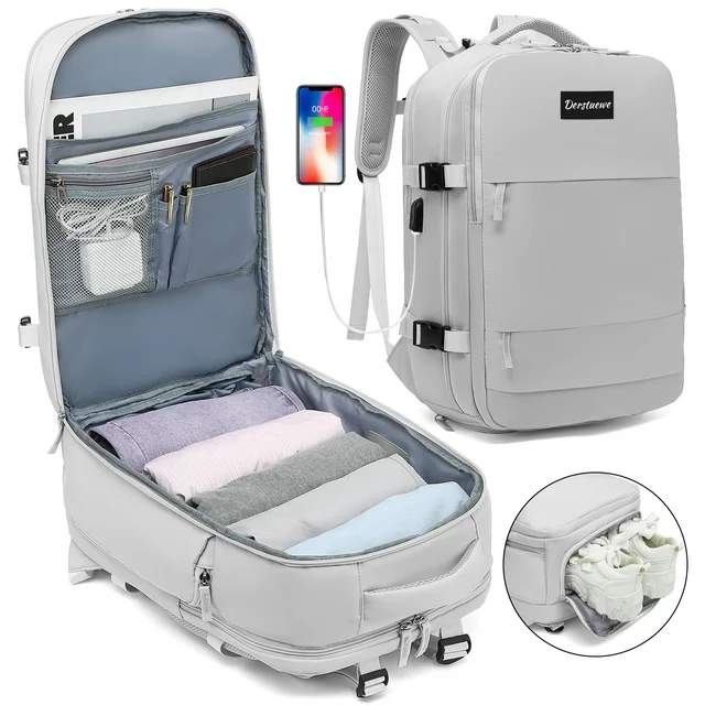 Derstuewe Large Travel Backpack for Women Men, Carry On Backpack for Outdoor Sports , Waterproof Laptop Bag with USB Charging Port, Backpack Flight Approved,Grey