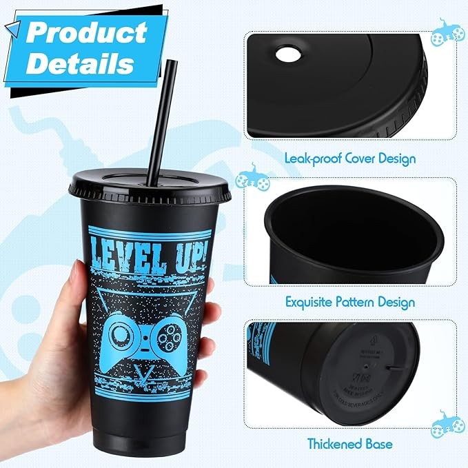 Mifoci 24 Pcs Video Game Plastic Cups with Lids and Straws Reusable Tumbler with Lid and Straw Cute Iced Coffee Travel Cups Mug Water Bottle for Adult Kid Gaming Birthday Party Supplies (Black,Blue)