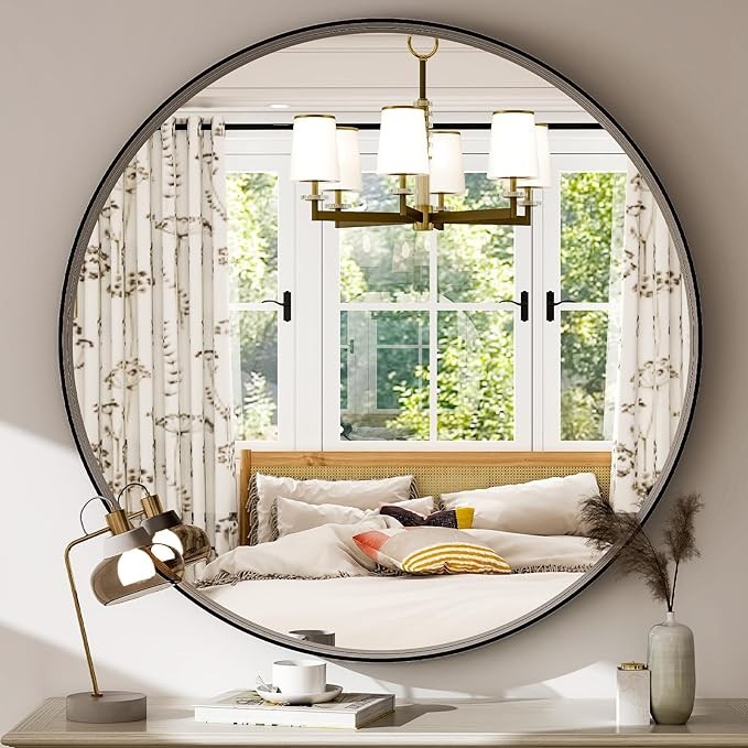 Easly 32 Inch Round Bathroom Mirror - Wall Mounted Circle Mirror with Metal Frame, Modern Mirror Suitable for Bathroom, Vanity, Entryway, Living Room, Wall Decor,Black