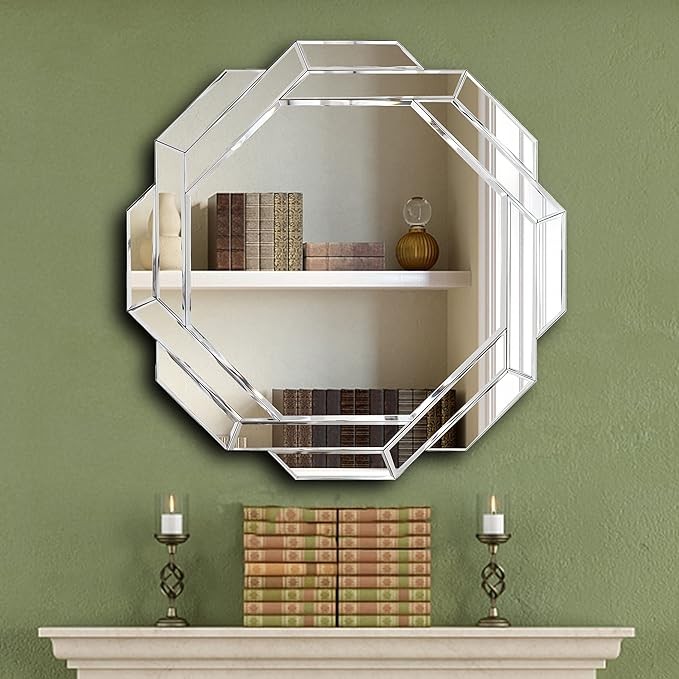 FYWDGLART Hlartdecor Helicoid Frameless Beveled Decor Silver Polished Mirror for Wall Decorating(23.6X23.6inches).HFY Hexagon Decorative Mirror.