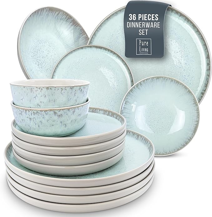32 Piece Dinnerware Sets for 8 - Mediterranean Stoneware Dinnerware Set - Microwave Safe Dinner Plates and Bowls Sets for 8, Ceramic Dish Set, Bowl and Plate Sets for 8, Beige Blue Dishes Set for 8
